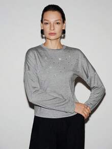 Lumivelle Luminelle Sequin Embellished T-Shirt, Fashionable For Women In Autumn/Winter Long Sleeve Top Grey Tops Rhinestone Shirt Sparkle Top Studded Top - Grey - View 4