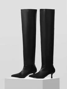 Mnmlis Damskie czarne zamszowe kozaki za kolano z noskiem w szpic, na wysokim obcasie, modne na jesień/zimę - Czarne - Zobacz 9