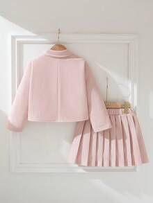 Souflis 4-7 Years Old Girls' French Retro Jacquard Woven Set, Cape-Style Top + Pleated Midi Skirt, Vintage Button Loose Silhouette, Elegant For Daily Wear, Parties, And Cultural Events - Pink - View 8