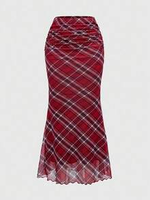 ROMWE Grunge Punk 2 件 Y2K 复古格纹抹胸和格纹低腰鱼尾裙套装 - 紅色 - 查看 4