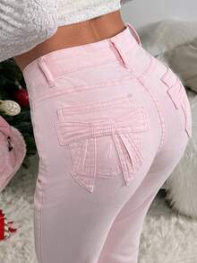 Rivivi Fashionable Low-Waist Pink Bow Tie Slim Fit Casual Flare Jeans - Pink - View 2