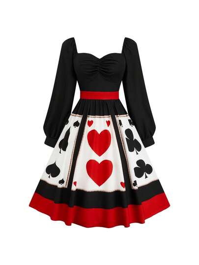 Lyrianda 扑克牌印花长泡泡袖A字连衣裙，加大码