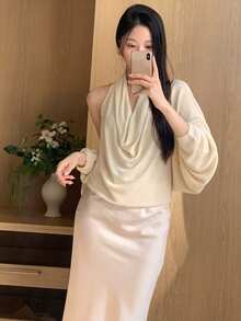 DAZY Sexy Plunging Neck Spaghetti Strap Camisole Top & Loose Cardigan 2 Pieces Set For Women - Apricot - View 3