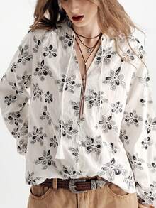 Aveloria Modichic 圆领刺绣提花流苏系带宽松休闲复古波西米亚风女式长袖衬衫 - 白色 - 查看 6