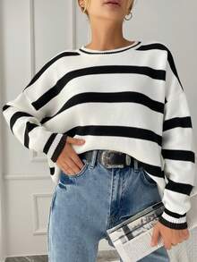RueChic Striped Pattern Drop Shoulder Sweater - Multicolor - View 7