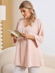 Rosumi 大码女式纯色撞色蕾丝V领七分袖宽松T恤，冬季圣诞新年针织上衣，舒适T恤，情人节、母亲节礼物，舒适休闲海滩春假休闲装 - 白色 - 查看 4