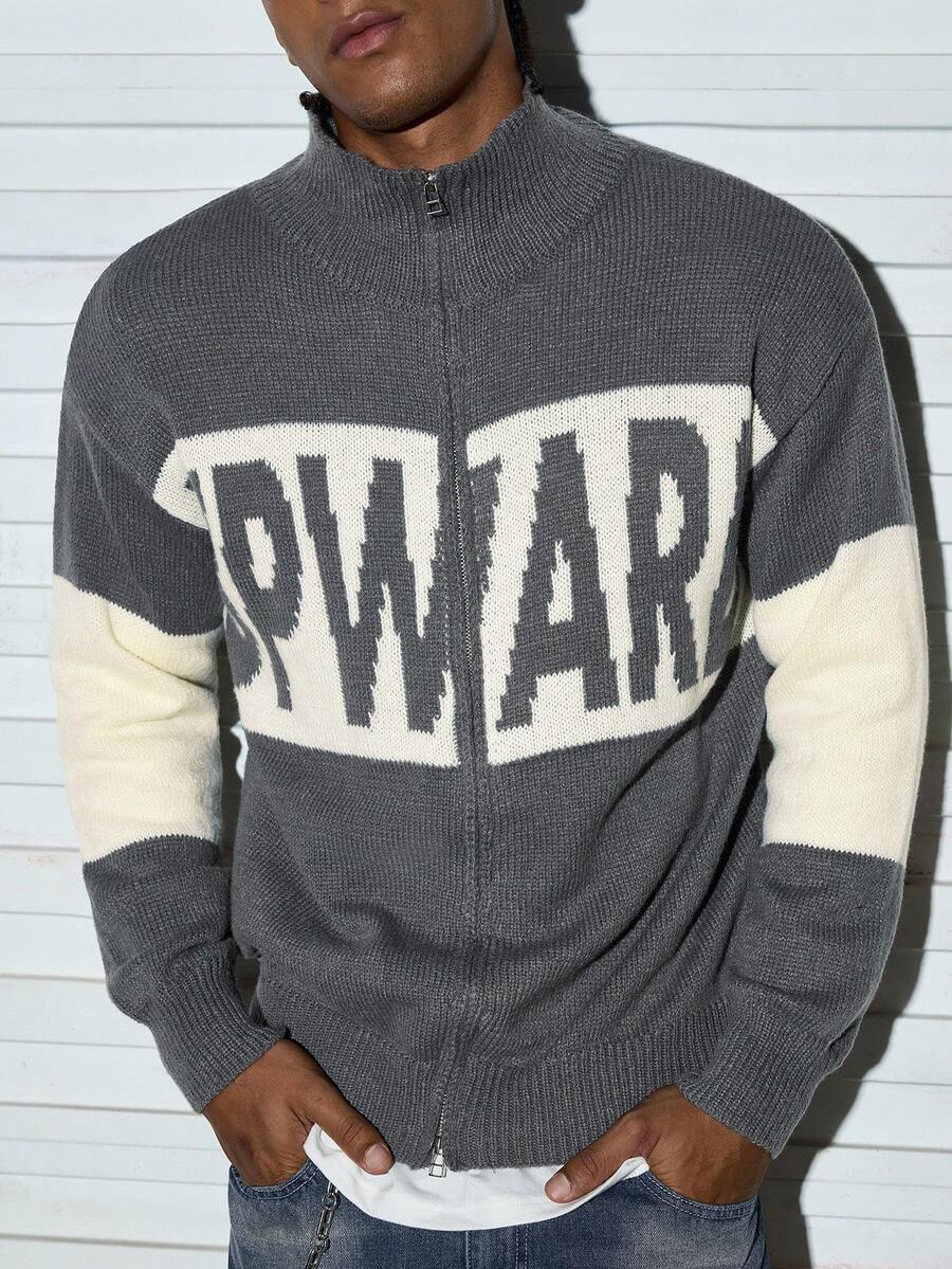 Modcrash 男士休闲宽松纯色罗纹英文字母针织拉链半高领开衫毛衣，适合通勤、秋冬季节、复古美式风格、男女皆宜、宽松版型夏季服装——适合日常穿着和夏季度假服装。 - 灰色 - 查看 1