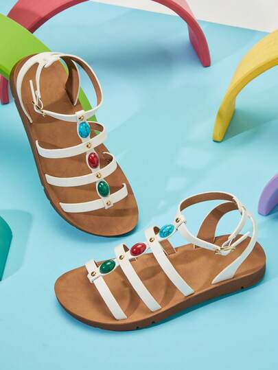 Mini mi #BohoKids Girl's Multi-Stone Decor Ankle Strap Vegan Leather White Gladiator Sandals – Cute, Comfy & Perfect For Summer Adventures.