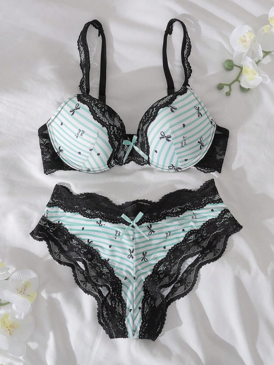 DelicateAllure 2pcs Mint Green Underwire Padded Contrast Stripe Bow Supportive Cute Women Lingerie Set - Green - View 1