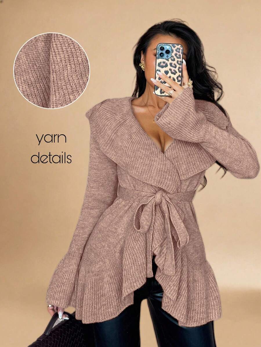 Islaluna Women's Basic Minimalist Elegant French Fashion Romantic Tie Front Cardigan - Dusty Pink - View 1