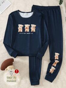 男童修身简约日常及圣诞节印花圆领长袖上衣和全印花睡裤套装（2件套） - 寶藍色 - 查看 3