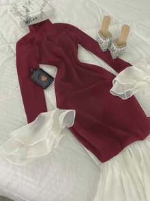 Airaco Plus Size Women's Stand Collar Flare Sleeve Contrast Color Fish Tail Hem Elegant Dress - Burgundy - View 2