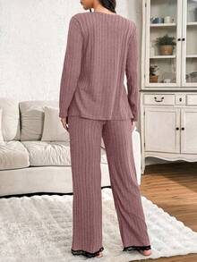 Moonlight&Mama 两件套孕妇蕾丝拼接休闲睡衣套装，长袖开衫和裤子 - 藕粉色 - 查看 2