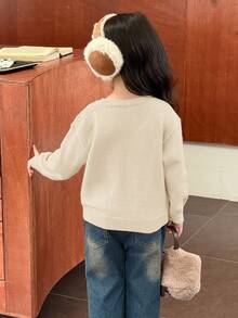 SHEIN Young Girl Casual Bear Pattern Crew Neck Sweater - Apricot - View 3