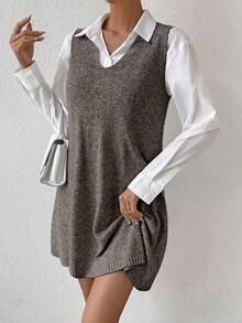 Ritzy Row Women's Solid Color V-Neck Casual Loose Sleeveless Knit Dress - Coffee Brown - View 5
