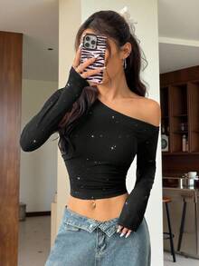 SHEIN EZwear Women's New Oblique Shoulder Ruched Long Sleeve Glitter Fitted Fashion T-Shirt