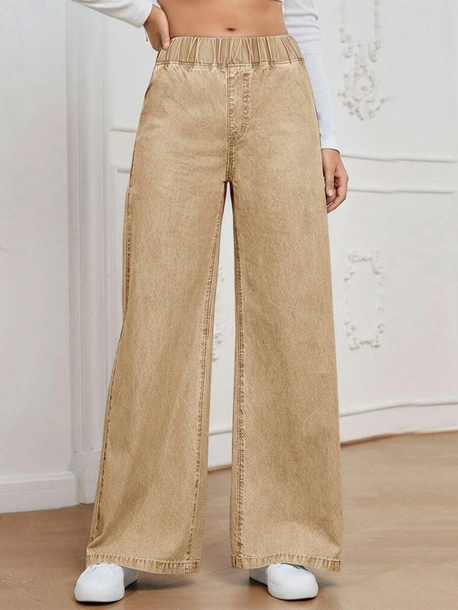 EMERY ROSE Casual Washed Elastic Waist Wide Leg Jeans - Khaki - View 1