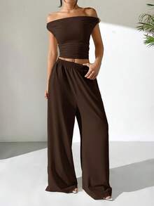 SHEIN EZwear 女士不对称肩部上衣和长裤套装，夏季 - 棕色 - 查看 6
