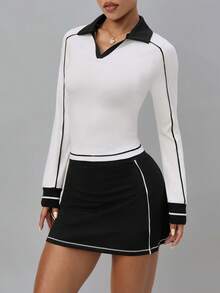 Dewbera 2pcs/Set Fitted Long Sleeve Top And Skirt Tennis Outfit