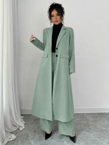 Elenzga Dark Grey Lapel Shoulder Long Suit Pants For Women - Green - View 6