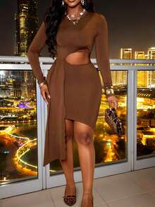 Xyvia Women's Autumn/Winter New Sexy Chic Elegant Date Night High-End Hollow Design Retro Brown Long Sleeve Midi Dress - Brown - View 1