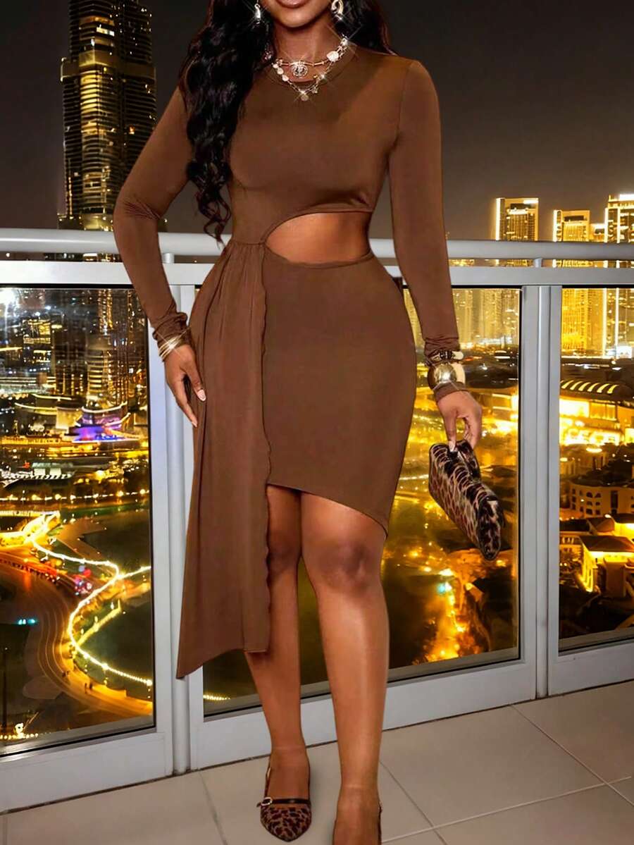 Xyvia Women's Autumn/Winter New Sexy Chic Elegant Date Night High-End Hollow Design Retro Brown Long Sleeve Midi Dress - Brown - View 1
