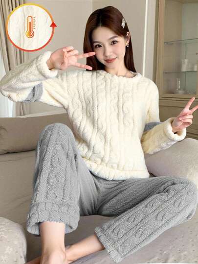 Teen Girls Loungewear 4-Piece Set - Cream White Gray Cable Knit Pajamas Round Neck Long Sleeve Top Pants Combo 3D Cable Knit Texture Design Contrast Color Cuff Detail Thick Warm Fleece Fabric Social Media Style Cozy Healing Autumn Winter Holiday Essential Young Women Home PJs Set Teen Girl Clothes