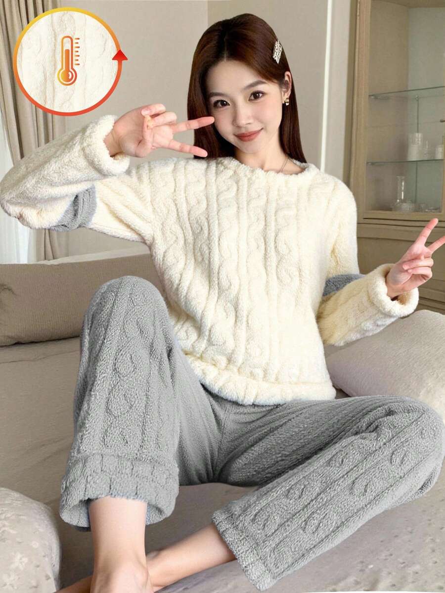 Teen Girls Loungewear 4-Piece Set - Cream White Gray Cable Knit Pajamas Round Neck Long Sleeve Top Pants Combo 3D Cable Knit Texture Design Contrast Color Cuff Detail Thick Warm Fleece Fabric Social Media Style Cozy Healing Autumn Winter Holiday Essential Young Women Home PJs Set Teen Girl Clothes - White - View 1