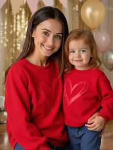 女宝宝可爱休闲简约可爱俏皮爱心图案抓绒纯红色圆领毛衣，适合亲子装、母女装、生日派对、晚宴、演出、婚礼、洗礼、开幕式等场合，日常穿着、上学、旅行、秋冬季皆宜。 - 紅色 - 查看 1