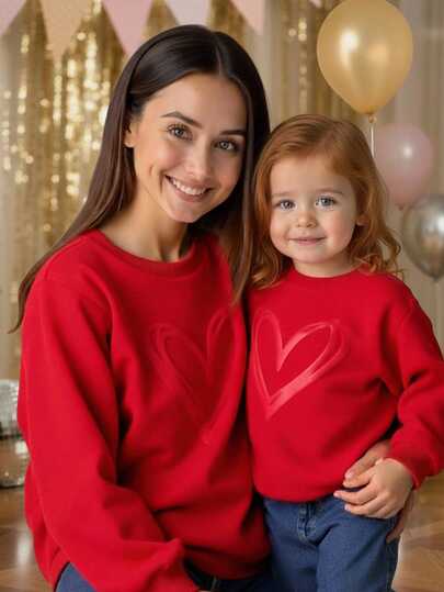 Suéter rojo sólido de cuello redondo con patrón de amor simple y lindo, adecuado para conjuntos a juego familiares, mamá e hija, fiestas de cumpleaños, fiestas de noche, actuaciones, bodas, bautizos, ceremonias de apertura, adecuado para uso diario, adecuado para la escuela, adecuado para viajes, adecuado para otoño e invierno