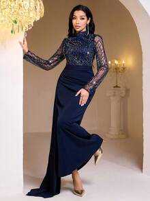 Veilorie 女士束腰长袖连衣裙，优雅适合派对和聚会 - 藏蓝色 - 查看 4