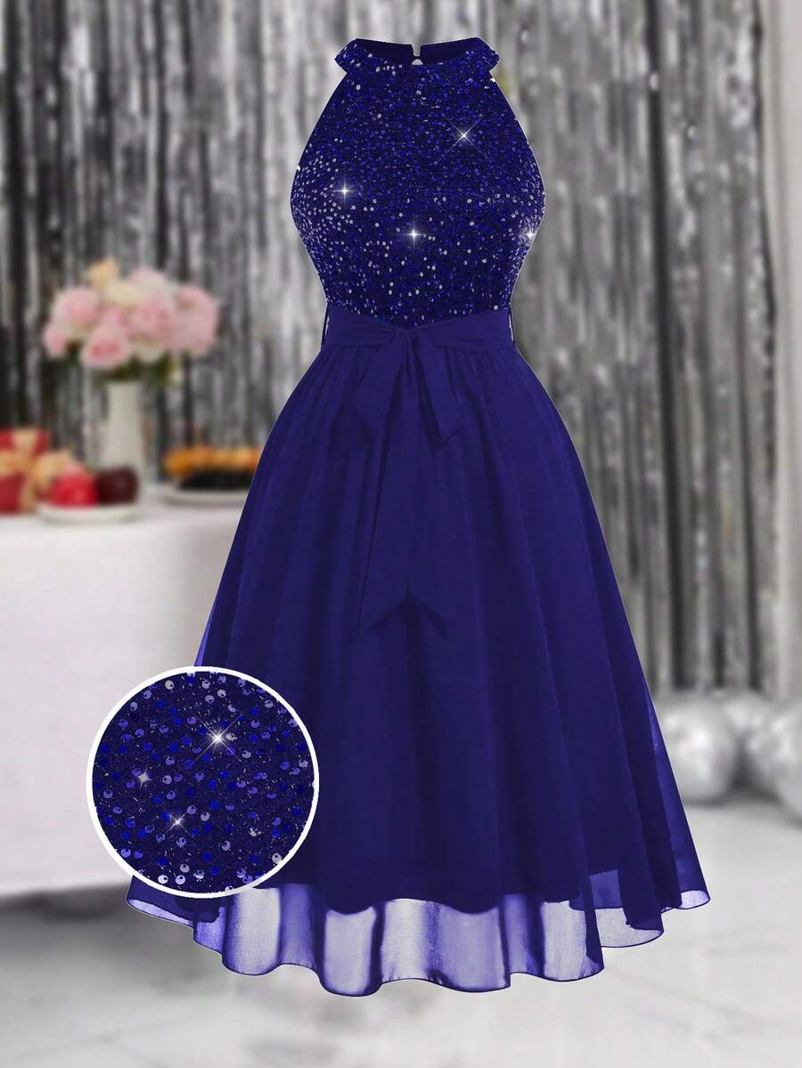 DreamSkyne Đầm Maxi Không Tay Đính Kim Sa Lấp Lánh Sang Trọng Cho Nữ Cỡ Lớn - Xanh đậm - Xem 1