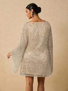 Freevana 大码女式亮片装饰船领休闲日常通勤长袖连衣裙 - 杏色 - 查看 2