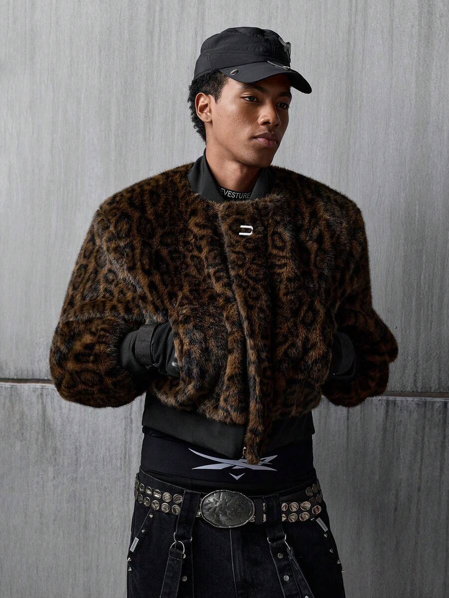NEON BLANC Men's Leopard Print Long Sleeve Loose Fit Baseball Collar Jacket - Brown - View 1