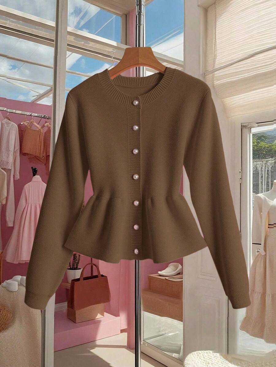 Franclia Femmes Élégant Mode Minimaliste Polyvalent Col Rond Volant Ourlet Taille Ajustée Cardigan Pull, Automne/Hiver - Camel - Voir 1