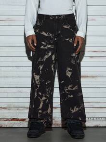 Modcrash 1pc Men Retro American High Street Zebra Striped Washed Wide Leg Jeans, Comfortable Casual Loose Denim Pants, Grunge