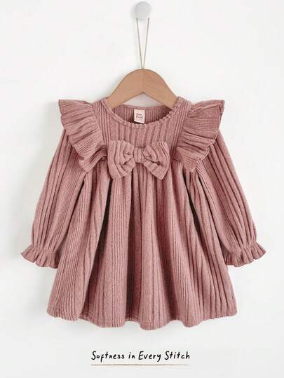 Cozy Pixies Baby Girl Butterfly Decor Knitted Ribbed Texture Solid Color Floral Print Round Neck Ruffle Hem Long Sleeve Dress, Versatile, Comfortable, Casual, Elegant, Lovely, Fashion, Suitable For Autumn/Winter Daily Wear, Christmas Party, Photography, Home, Wedding, Valentine's Day, Festivals, Multiple Occasions Dusty Pink Baby Dress Baby Girls Vintage Style Puff Sleeve Baby Clothes Girl Flounce Sleeve Baby Fall Dress Ruffles Frocks Toddler