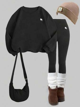 Slaydiva 2pcs Casual Minimalist Horse Logo Print Loose Fit Crew Neck Sweatshirt And Black Leggings Set, All-Match Versatile Outfit For Autumn/Winter,Fall,Fall Clothes For Women,Women's Winter Clothes