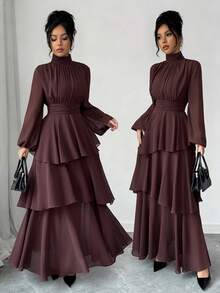 Elenzga Women's Solid Color Chiffon Lined High Collar Pleated Vintage Waist Adjustable A-Line Layered Romantic Ruffle Asymmetric Hem Lantern Sleeve Maxi Dress, Elegant French Retro Street Style, Simple Versatile, Suitable For Winter, Halloween, Christmas, Thanksgiving, Afternoon Tea, Party, Office, Family Gathering - Chocolate Brown - View 1