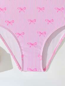 SHEIN 少女可爱蝴蝶条纹印花简约连体泳衣，适合沙滩和游泳 - 粉色 - 查看 8