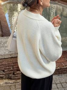 Vivie Lora Women's Loose Fit Turndown Collar Ribbed Knit Cardigan Sweater - White - View 5