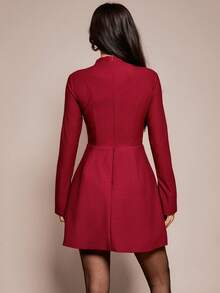 SHEIN PETITE 女士纯色立领长袖优雅简约休闲连衣裙，适合秋季办公室穿着，也适合新年、派对、节日、圣诞节、感恩节、冬季、秋季等各种场合。 - 酒紅色 - 查看 3