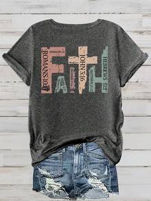 EMERY ROSE Regular Women's "Faith" Printed Crew Neck Short-Sleeved T-Shirt, Summer Graphic T-Shirt For Women. - Grey - View 2