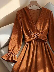 Franclia Elegant Solid Color Textured Waist Cinching Midi Dress, Suitable For Commuting In Autumn - Orange - View 3