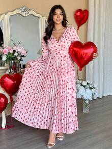 Vionelle Valentine Heart Print Flowy Romantic V-Neck Long Sleeve Pleated Maxi Dress, Elegant Occasion Dress For Spring, Fall, Winter, Vacation, Birthday, Date - Multicolor - View 3