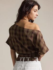 Easelle 女士格子蝙蝠袖短袖休闲宽松上衣，棕色不对称肩格子上衣，棕色短袖复古上衣，2025 - 棕色 - 查看 2