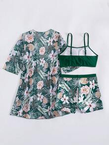 Swim Lushoire 女士夏季海滩度假热带印花比基尼泳衣和和服罩衫三件套