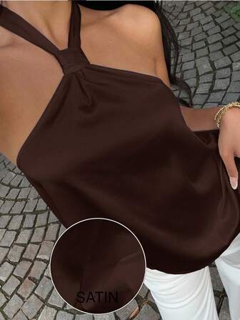 MainGRL Women's Satin Halter Neck Solid Color Minimalist Fashion Top