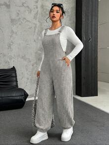 SHEIN EZwear Quần yếm dệt kim nỉ co giãn màu trơn cỡ lớn dành cho nữ, mùa thu/đông - Màu be - Xem 5