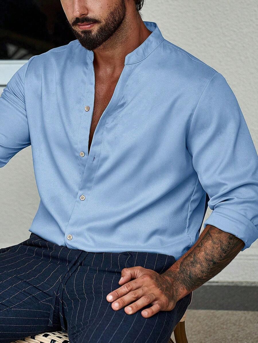 Manfinity Homme 男士纯色单排扣休闲/商务长袖衬衫 - 淺藍色 - 查看 1